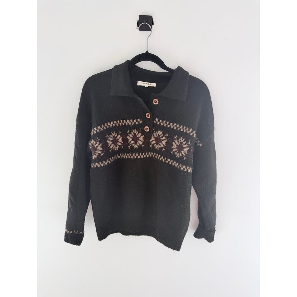 Simple Retro Norah Snowflake Jacquard Black Polo Fair Isle Knit Sweater-Size L - Picture 2 of 7